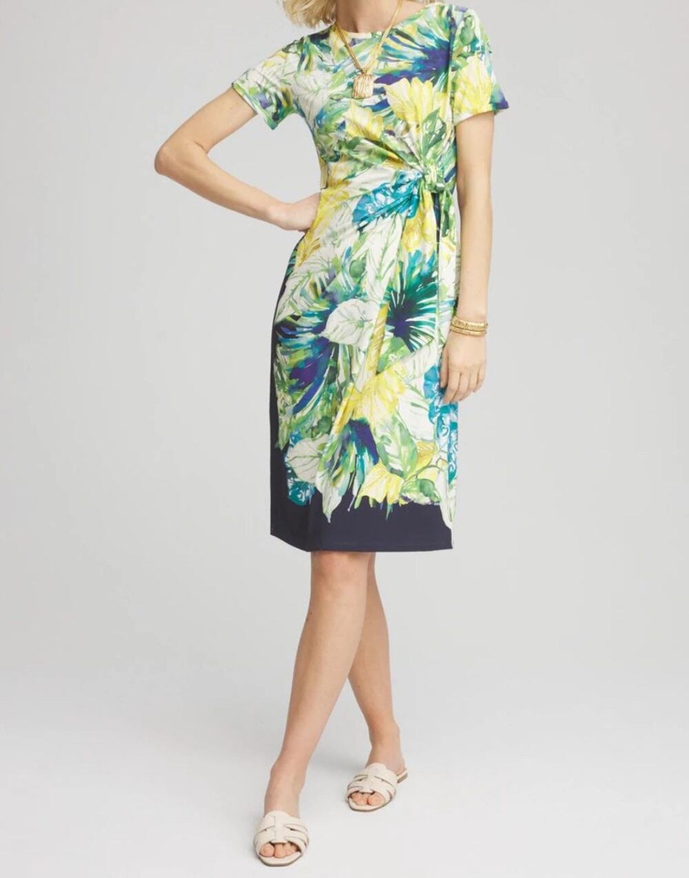 Chico’s Tropical Floral Tie Front Dress Size 3 XL Blue Green Yellow Stretchy